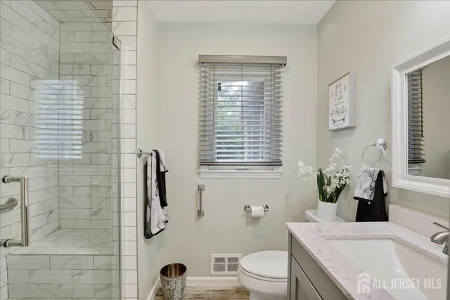 a bathroom with a granite countertop sink mirror vanity and toilet