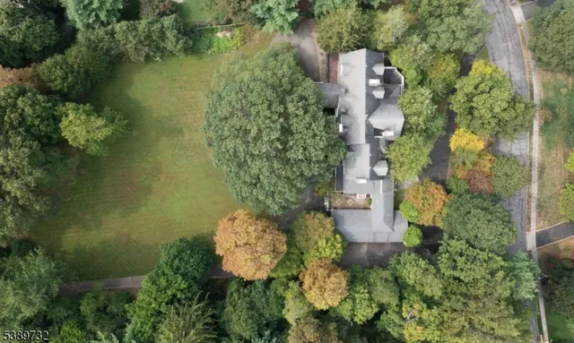 an aerial view of a house with a yard and lake view