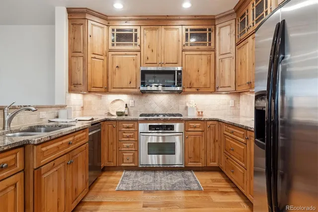 a kitchen with stainless steel appliances granite countertop a stove a sink and a refrigerator