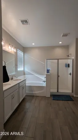 a bathroom with a tub sink and mirror