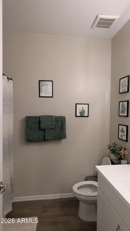 a bathroom with a toilet a sink and vanity