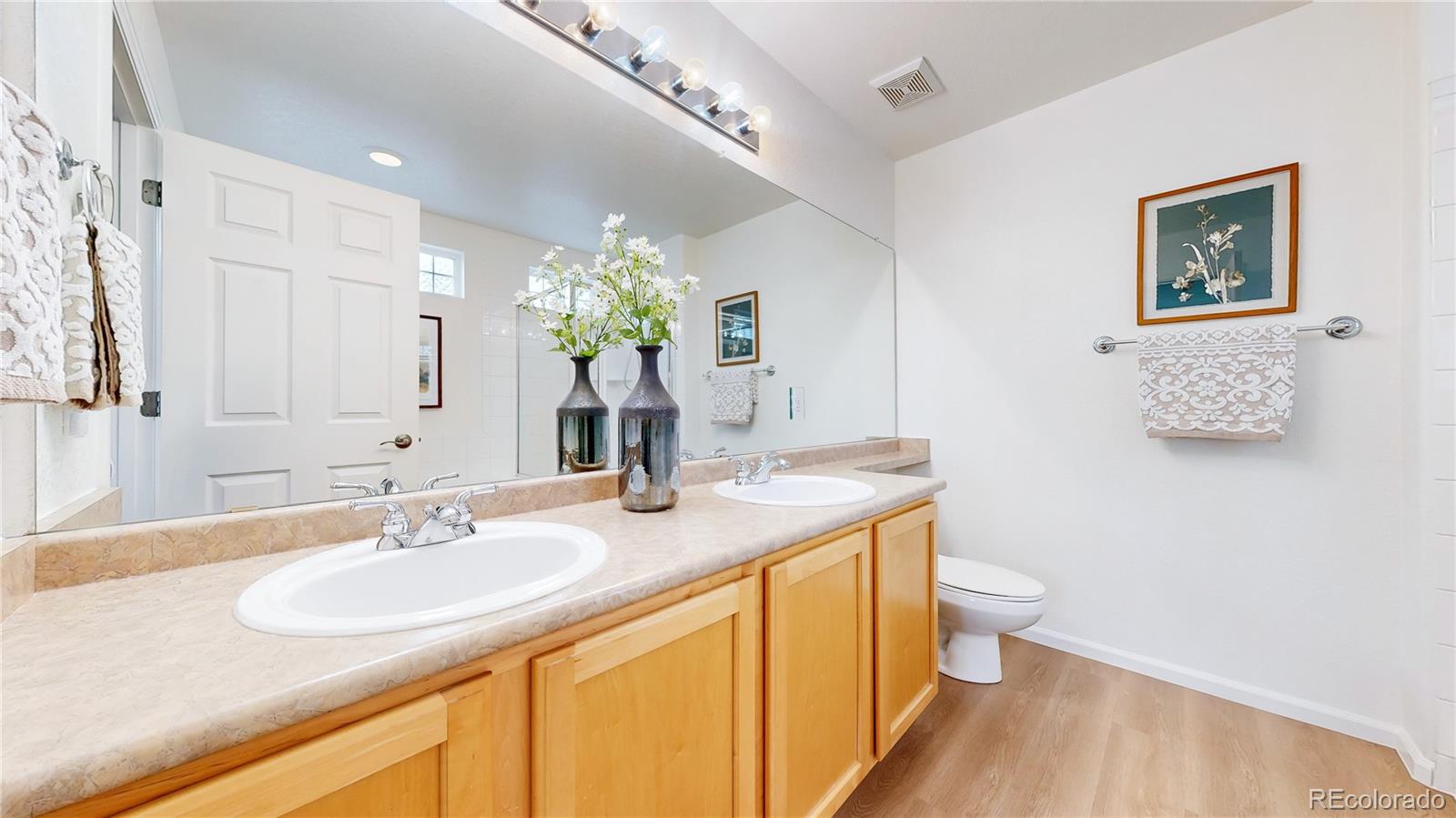 11738 Zenobia Loop Westminster, CO 80031 - Photo 22 of 34 a bathroom with a granite countertop sink a toilet and a mirror