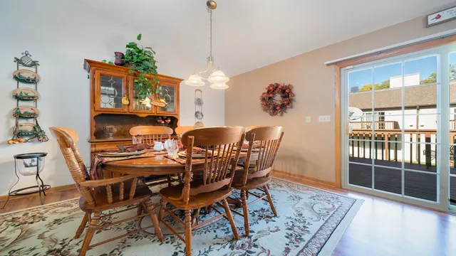 a dining room with furniture a rug a potted plant and wooden floor