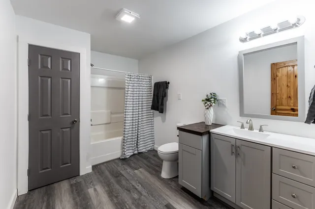 a bathroom with a toilet a sink and mirror