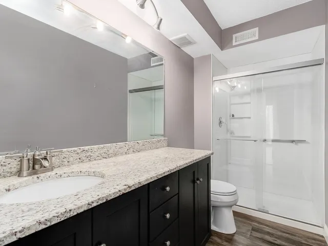 a bathroom with a granite countertop sink a toilet and shower
