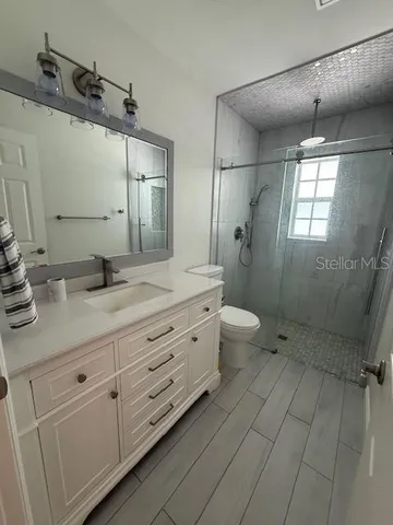 a bathroom with a sink a toilet and mirror