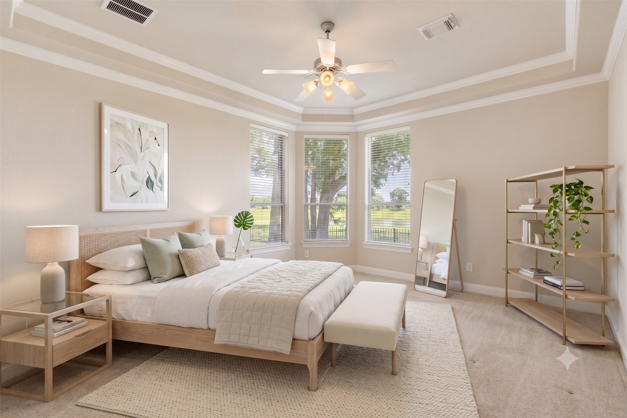 19222 Senterra Lakes Boulevard Spring, TX 77379 - Photo 16 of 45 The private primary retreat boasts an elegant tray ceiling, crown molding, and a beautiful bay window sitting area overlooking the backyard. *This photo has been virtually staged.