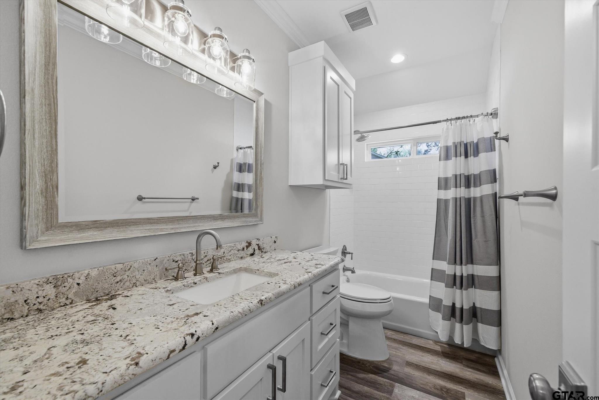 1011 Athens Street Canton, TX 75103 - Photo 25 of 38 a bathroom with a granite countertop sink a toilet and a mirror