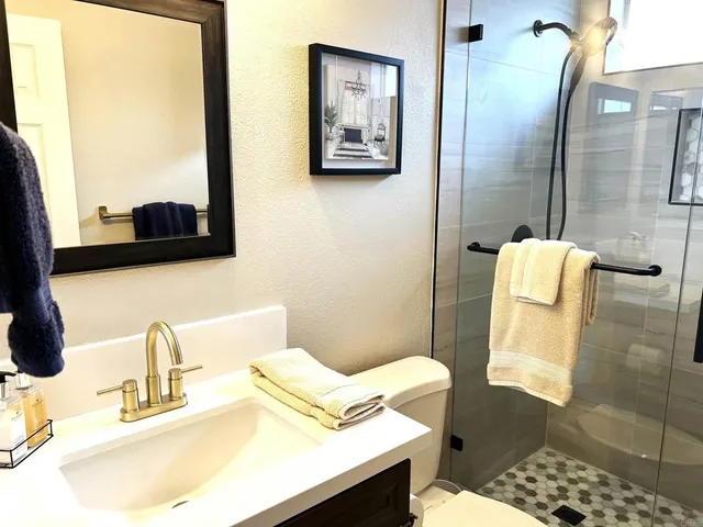 a bathroom with a sink mirror and toilet