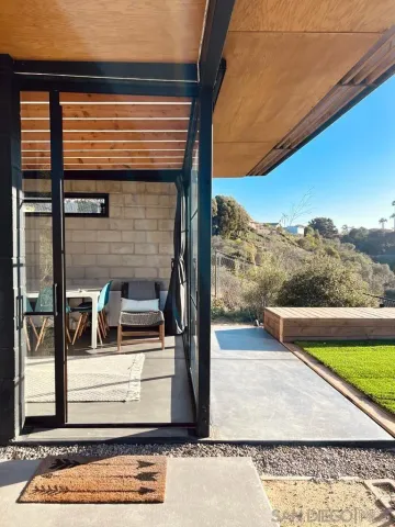 a view of a balcony with couches