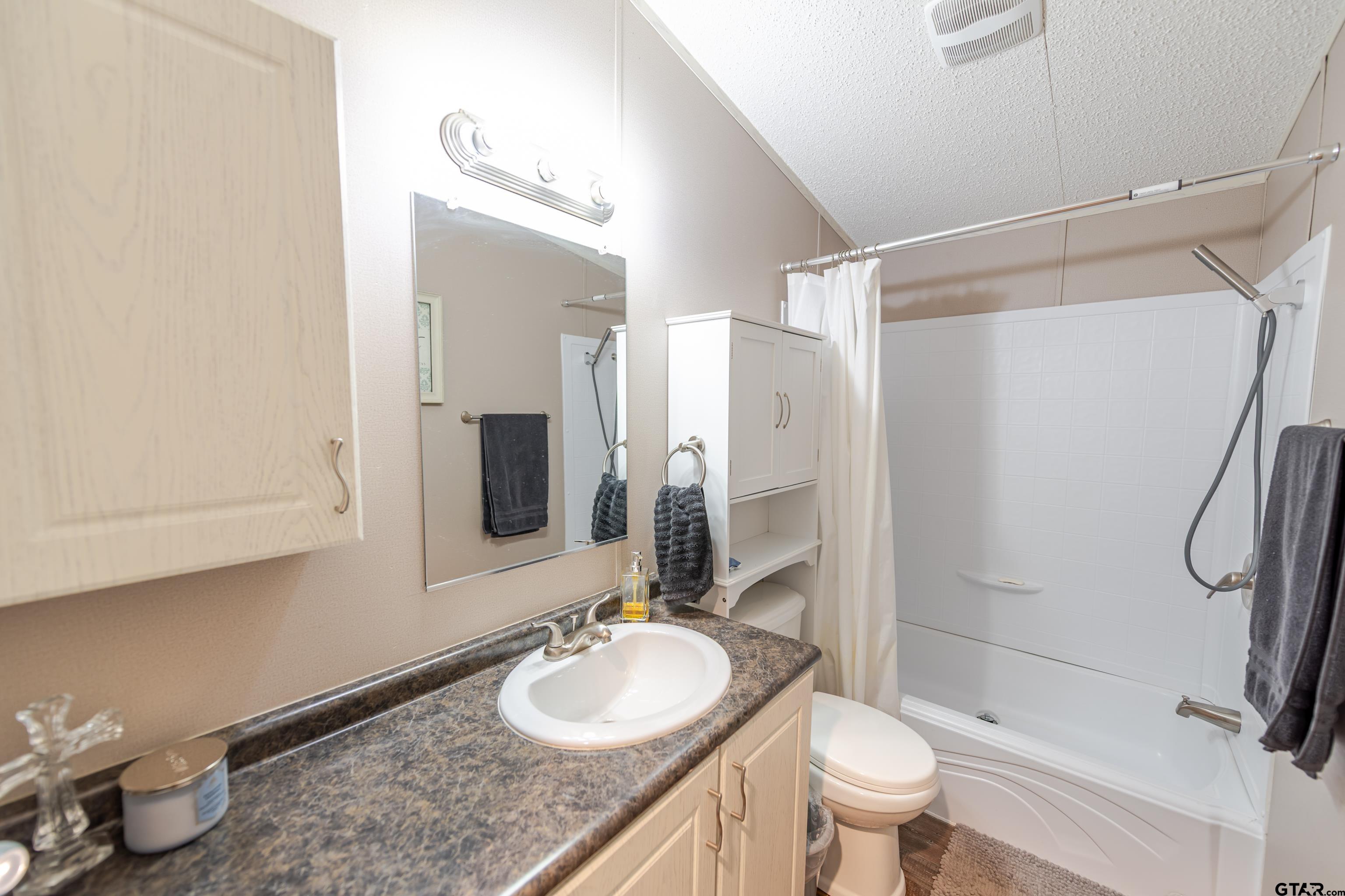 108 Sandy Brown Road Scroggins, TX 75480 - Photo 15 of 17 a bathroom with a granite countertop sink toilet and shower