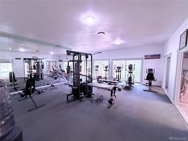 a view of a room with gym equipment and a large window