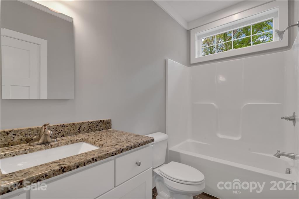 296 Ridge View Drive, Unit 7 Clyde, NC 28721 - Photo 18 of 19 a bathroom with a granite countertop sink a toilet and bathtub
