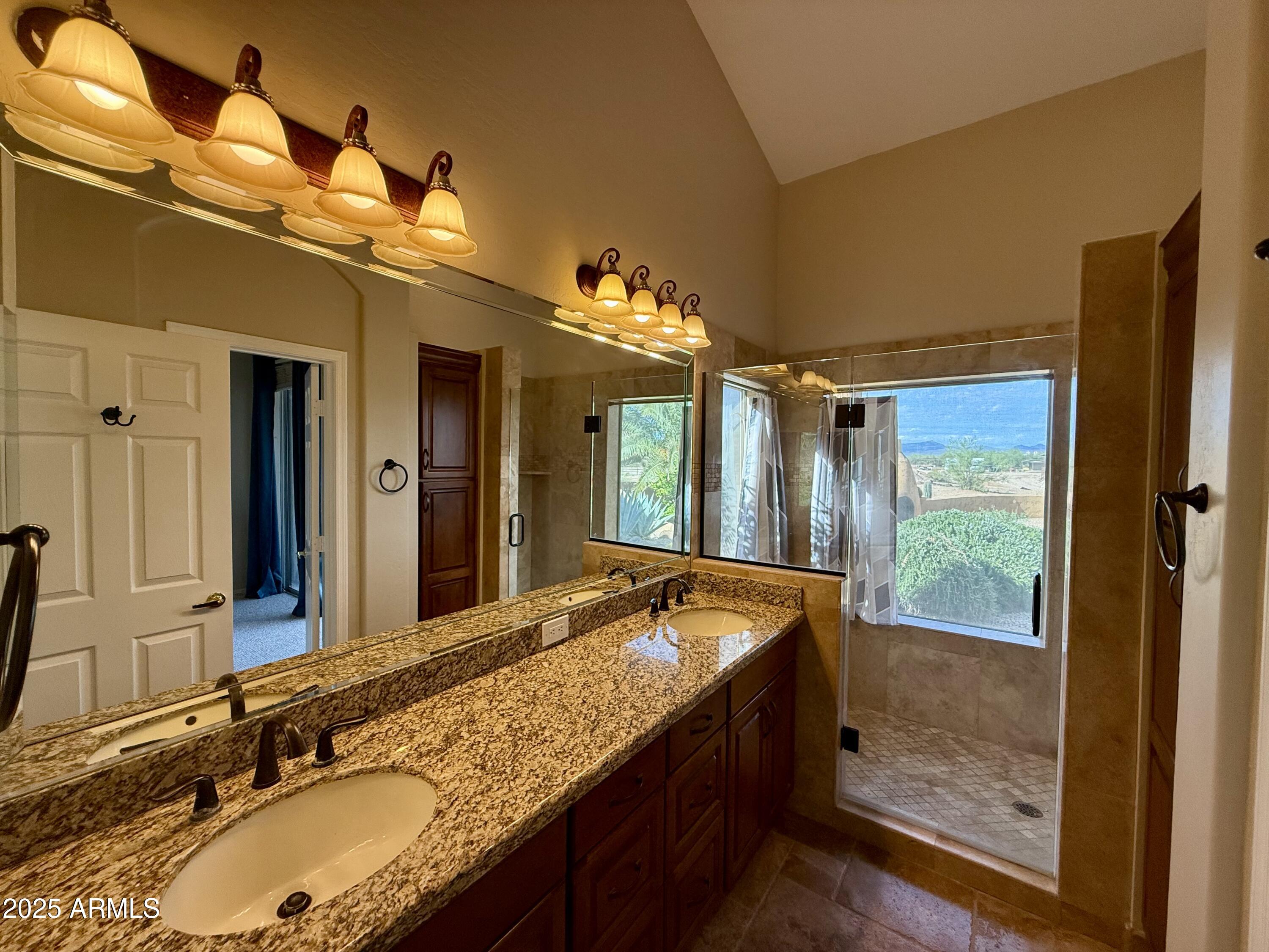 26646 North 148th Street Scottsdale, AZ 85262 - Photo 11 of 37 a bathroom with a granite countertop sink mirror and shower