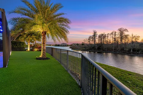 a view of a lake with a garden