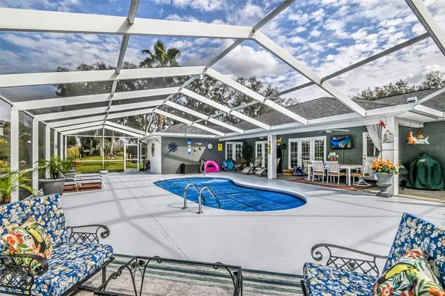 a view of a swimming pool with a garden
