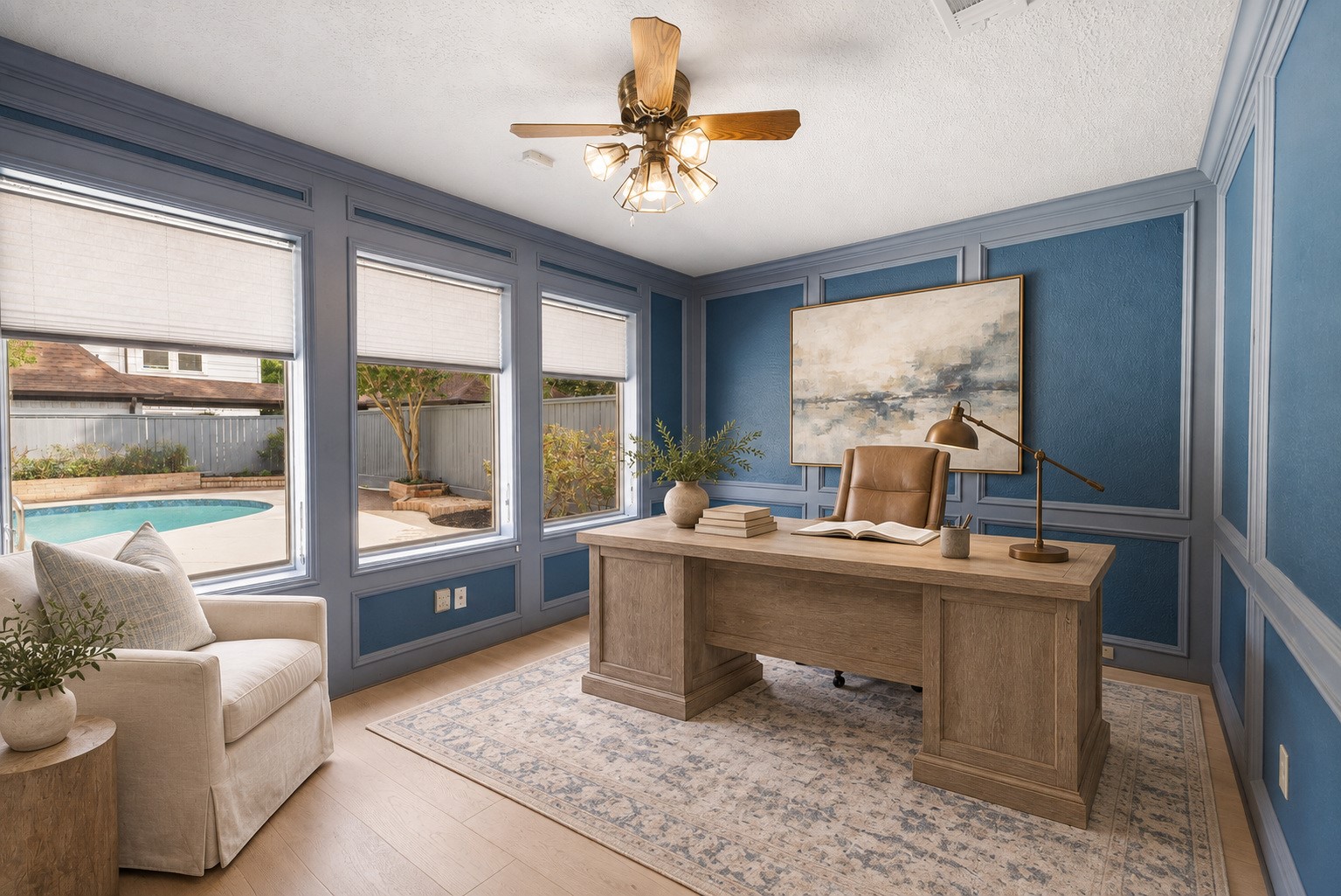 9203 Godstone Lane Spring, TX 77379 - Photo 15 of 38 Downstairs, off the Den is a Home Office with handcrafted block paneling and millwork. It's a beautiful room, but it's the pool view that will make working from home stress-free and inviting. Image has been virtually staged.