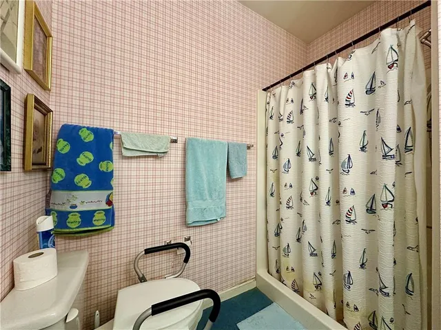 a bathroom with a toilet and a shower curtain