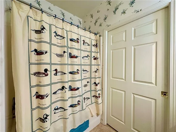 a bathroom with a shower curtain and a shower curtain