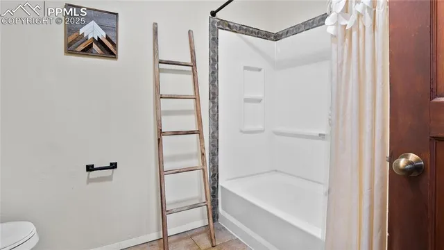 a bathroom with a shower and a toilet