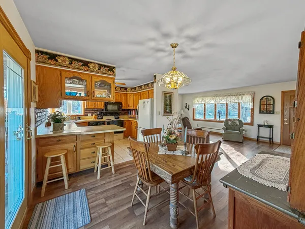a view of a dining room with furniture