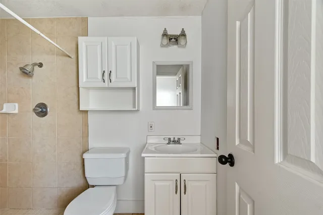 a bathroom with a toilet sink and mirror