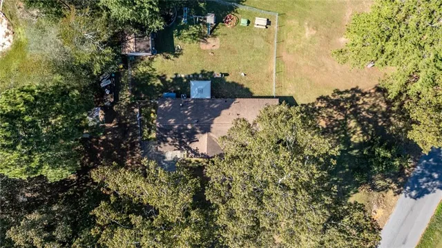 a view of a yard with plants and large trees
