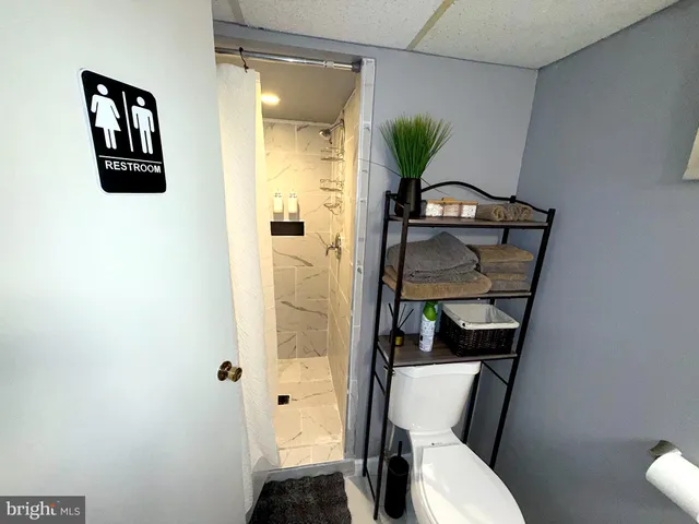 a bathroom with a toilet and a shower