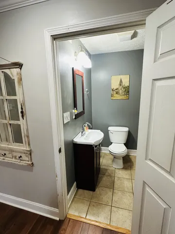 a bathroom with a sink mirror vanity and toilet