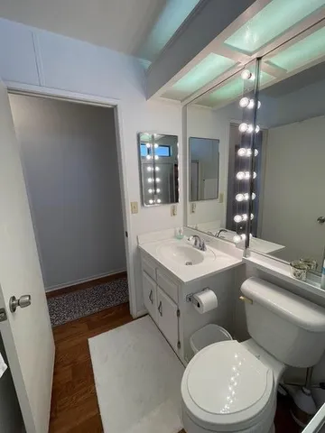 a bathroom with a sink a toilet and mirror