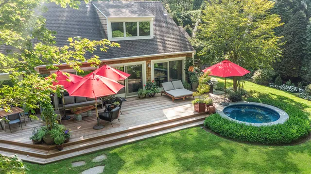 an outdoor space with furniture