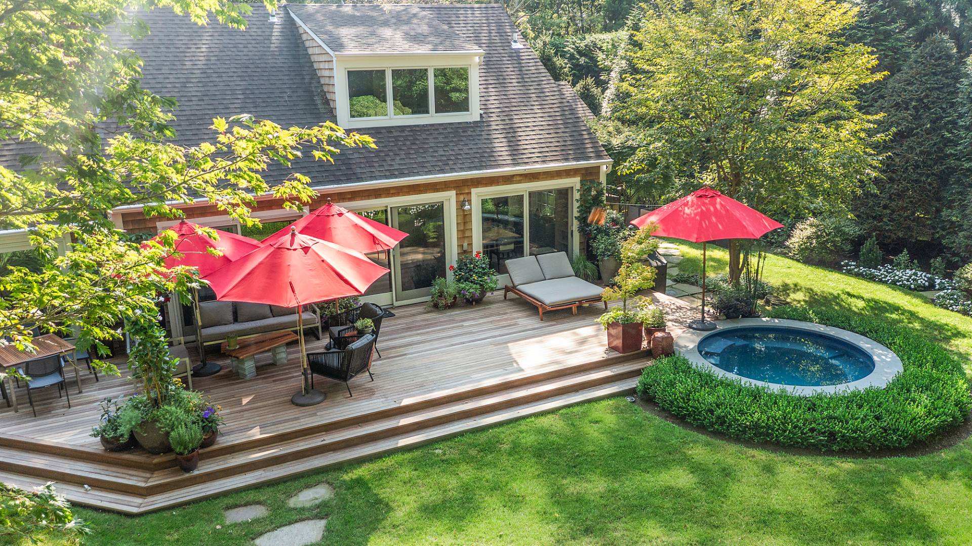 an outdoor space with furniture