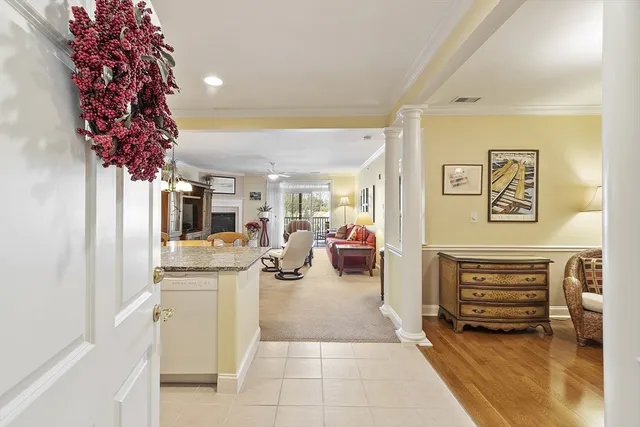 a living room with furniture and a potted plant