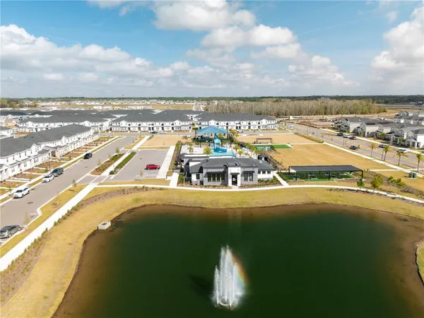 an aerial view of a pool