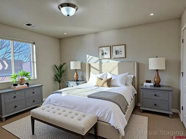 a bedroom with a bed and a potted plant