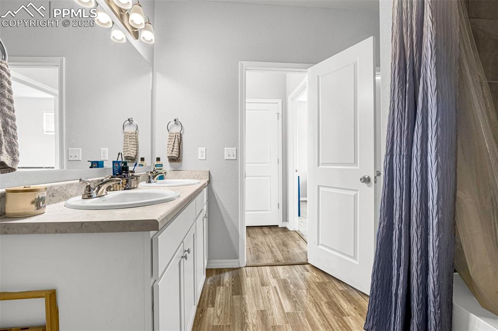 4432 Samaritan Loop Colorado Springs, CO 80916 - Photo 16 of 20 a bathroom with a double vanity sink and a mirror