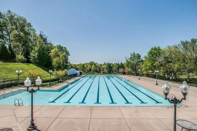 a view of a yard with swimming pool