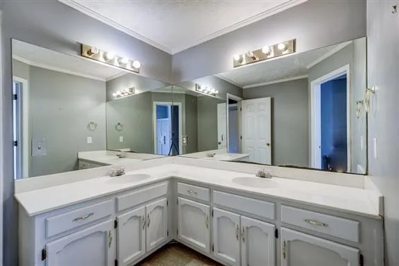 a bathroom with a sink and a mirror
