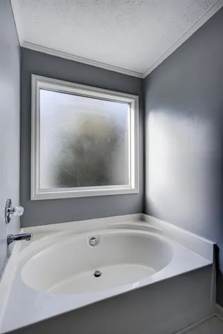 a bathroom with a tub and a window