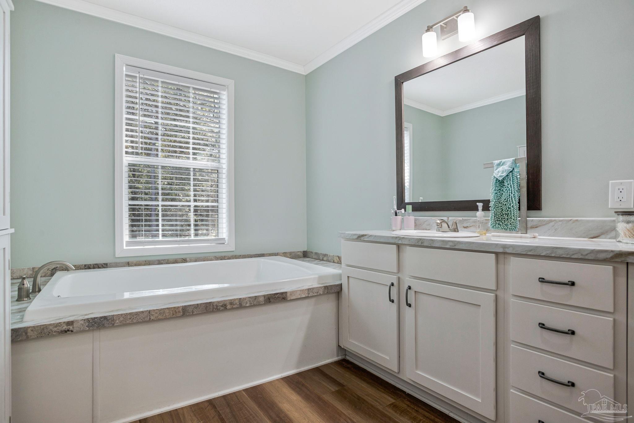 4955 Blue Ribbon Drive Milton, FL 32583 - Photo 18 of 43 a bathroom with a granite countertop sink and a large mirror
