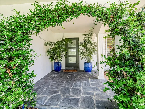 a view of a house with potted plants and a tree