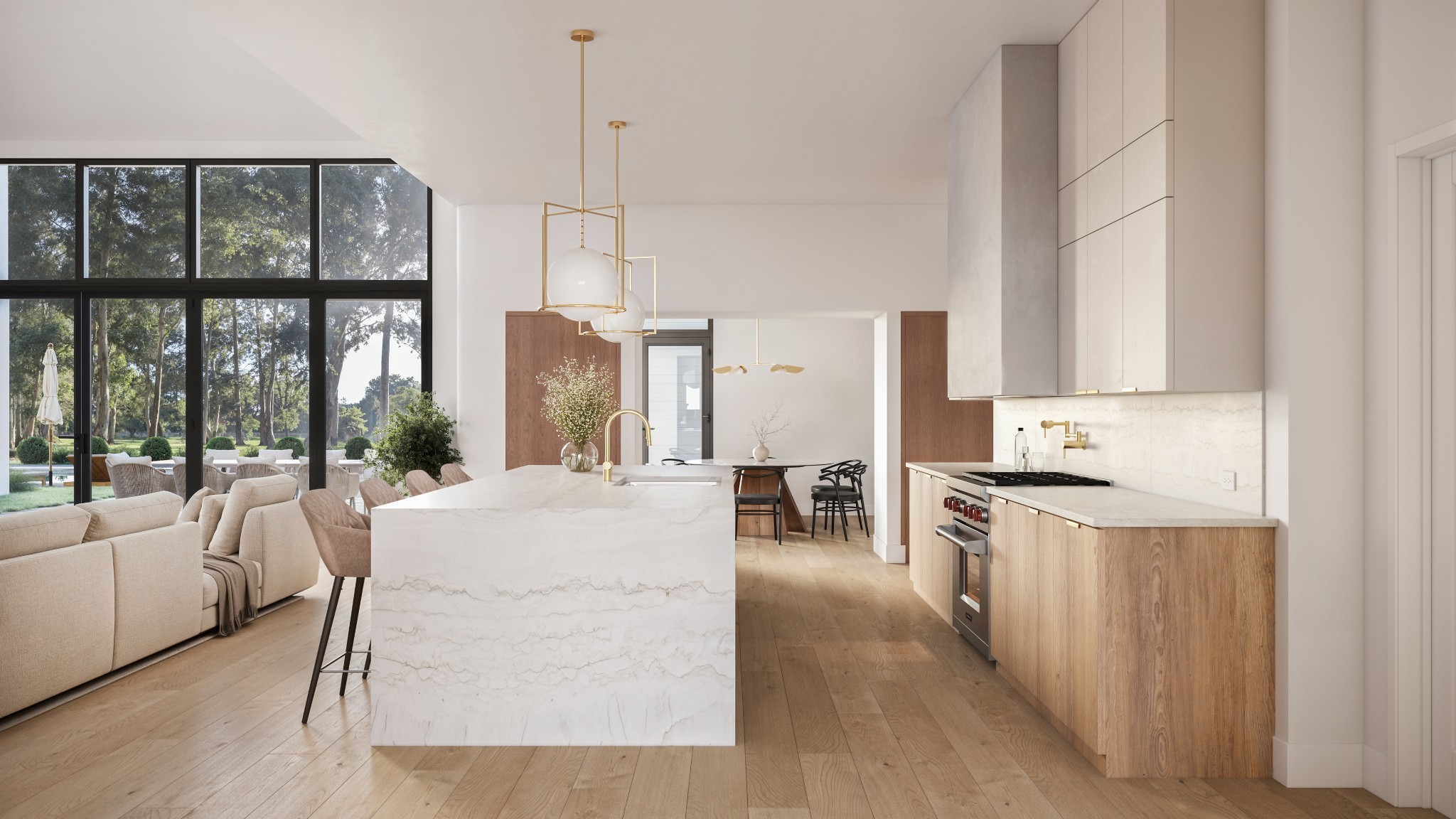 a living room with stainless steel appliances granite countertop furniture a fireplace and a large window