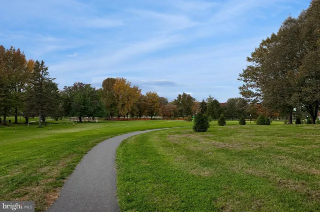 a view of a grassy field with trees around