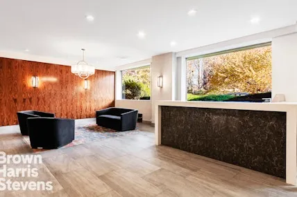 a living room with large window