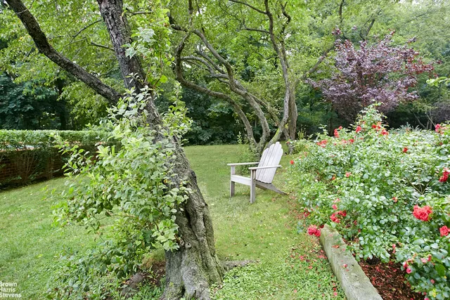 a view of a park with iron fence