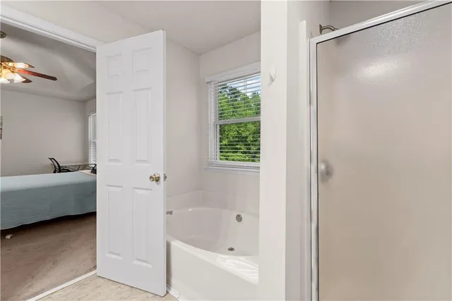 a bathroom with a bathtub and a shower
