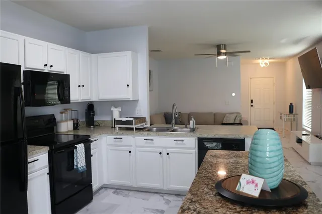 a kitchen with a sink appliances and cabinets