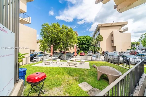 a garden view with a sitting space