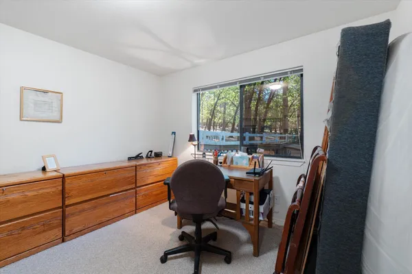 a backyard of a house with large trees and wooden fence