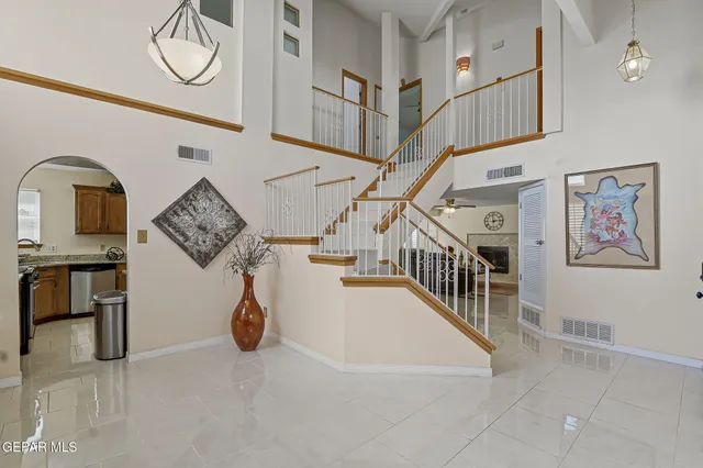 a view of a dining room with furniture